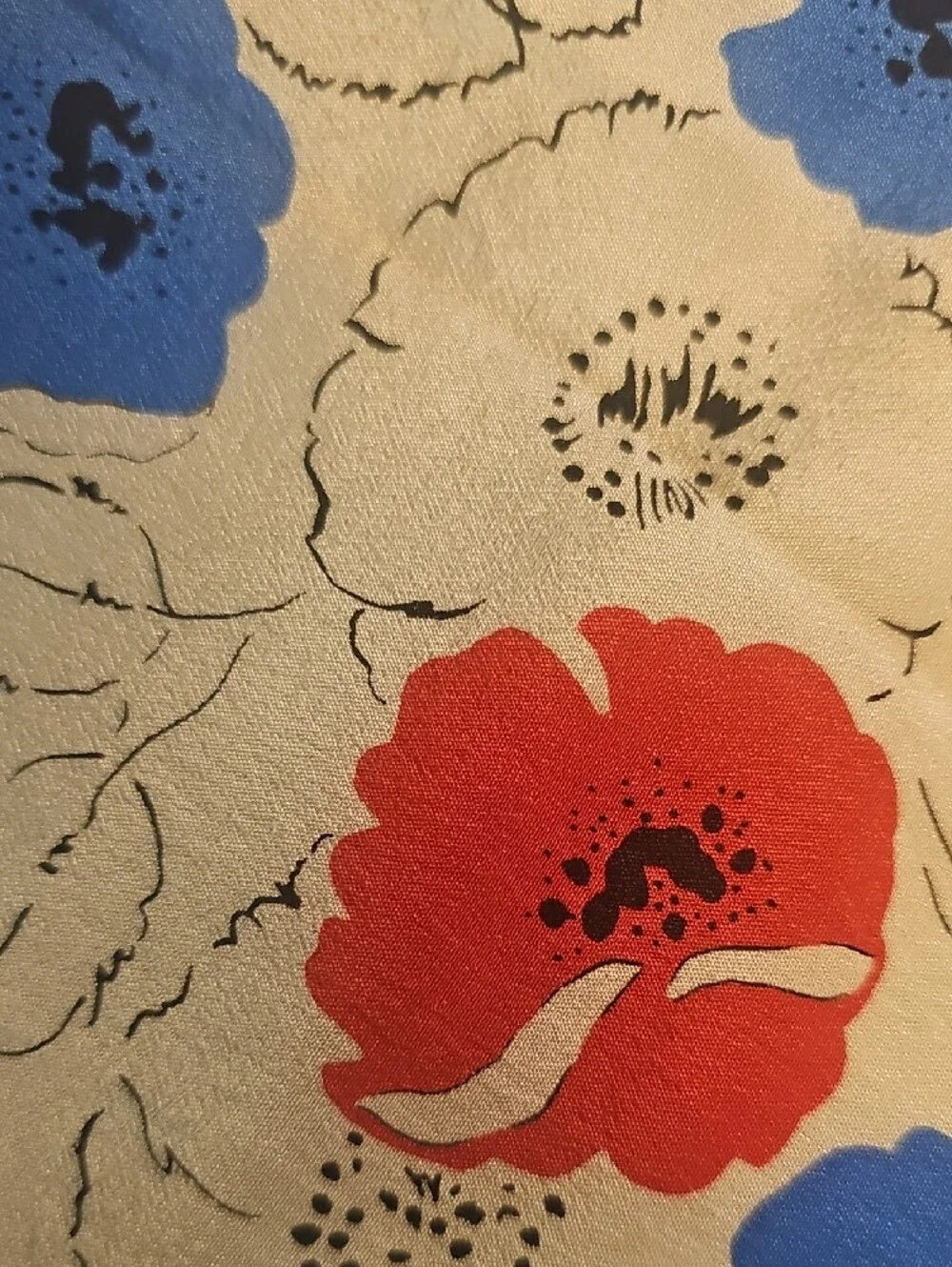 Vintage Silk Poppy Oblong Scarf Red White Blue Neckerchief